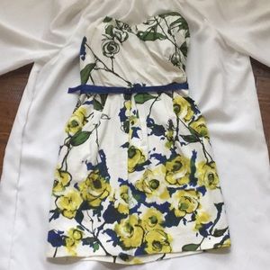 Strapless Floral White, Yellow, and Blue Dress